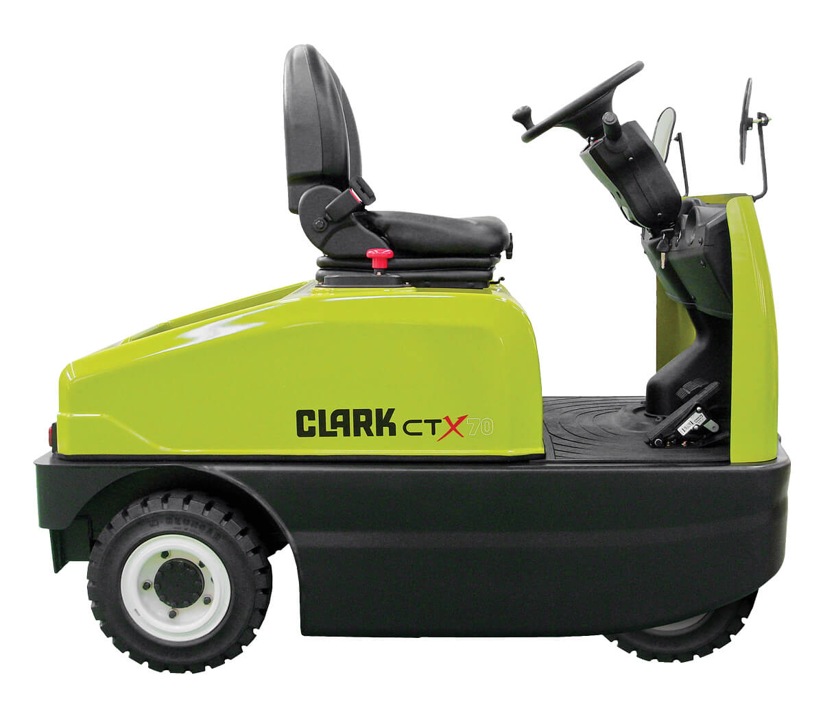 Side view of a Clark CTX70 electric tow tractor on a white background, featuring a seated operator position, steering controls, and a compact design for towing carts and transporting materials in industrial facilities.