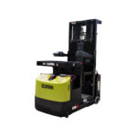 Clark OSQ electric order selector forklift isolated on a white background, featuring an operator platform, compact design, and controls for low-level order picking and warehouse fulfillment operations.