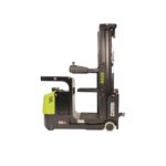 Side profile of a Clark OSQ electric order selector forklift on a white background, featuring an operator platform, lift mast, and compact design for low-level warehouse picking applications.
