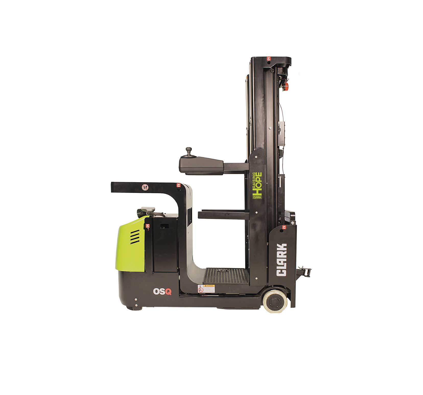 Side profile of a Clark OSQ electric order selector forklift on a white background, featuring an operator platform, lift mast, and compact design for low-level warehouse picking applications.