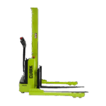 Side view of a Clark WS22M electric walkie stacker on a black background, featuring a pedestrian-operated design with lift mast and forks for stacking, lifting, and transporting pallets in warehouse applications.