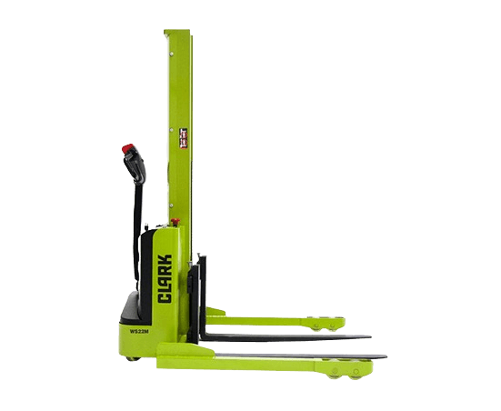 Side view of a Clark WS22M electric walkie stacker on a black background, featuring a pedestrian-operated design with lift mast and forks for stacking, lifting, and transporting pallets in warehouse applications.