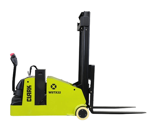Side view of a Clark WSTX22 electric walkie reach stacker on a black background, featuring a compact pedestrian-operated design with a reach mast and forks for pallet handling and high-density warehouse storage applications.