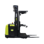 Side view of a Clark OSX electric order picker on a white background, featuring an elevated operator platform, load forks, and ergonomic controls for warehouse order fulfillment and inventory picking.