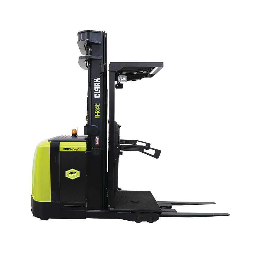 Side view of a Clark OSX electric order picker on a white background, featuring an elevated operator platform, load forks, and ergonomic controls for warehouse order fulfillment and inventory picking.